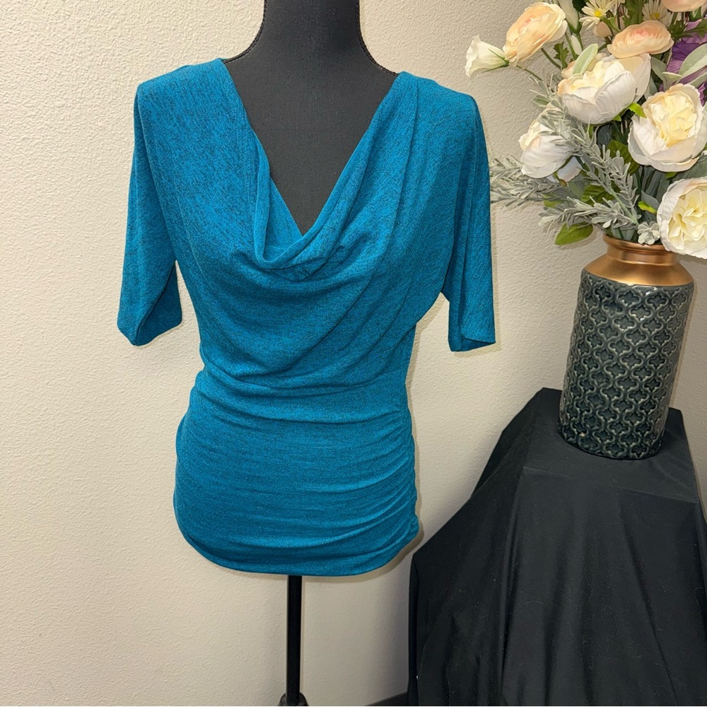 HeartSoul Teal Draped Cowl Neck Ruched Stretch Top Short Sleeve